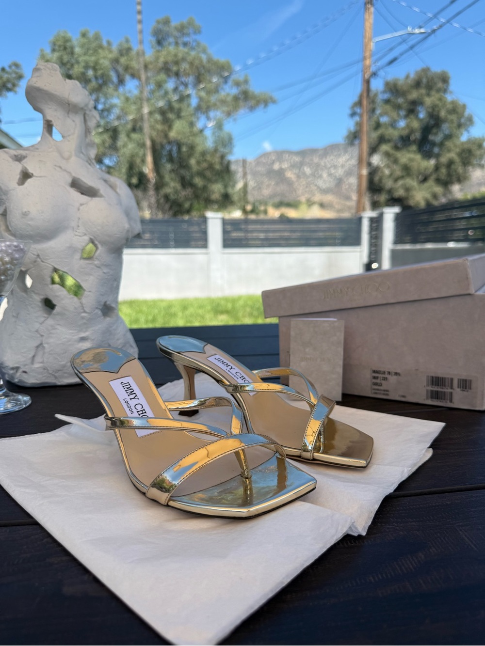 Jimmy Choo Maelie 70 Gold Mirror Sandals | Size 35.5